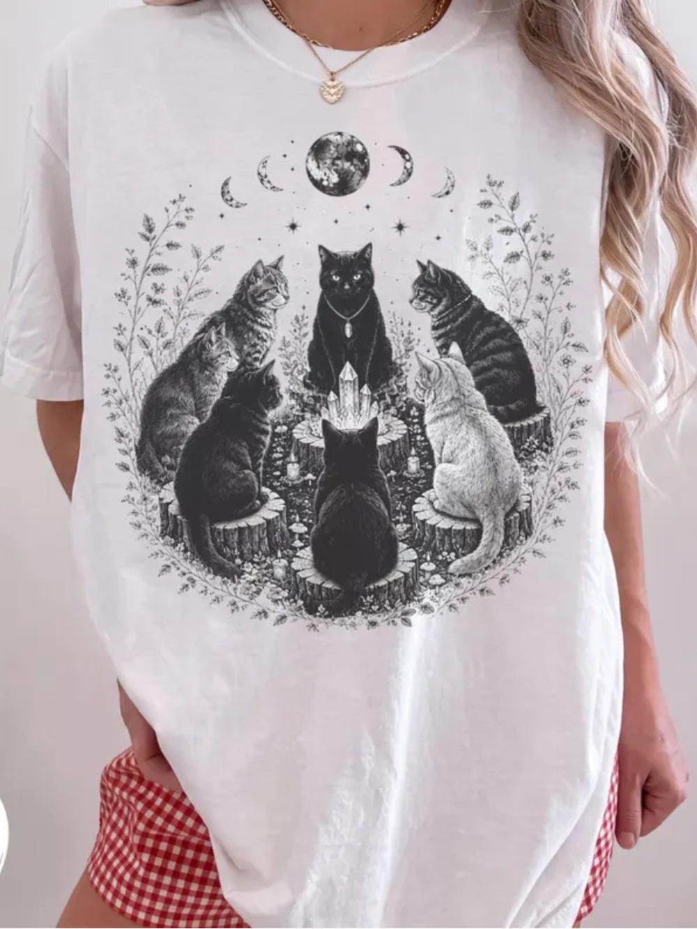 Unbranded White Cat Ritual Graphic Tee, Mystical Cats Design, Vintage Shirt